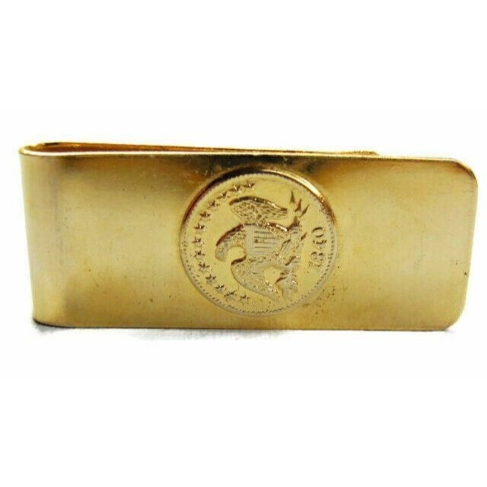 Money Clip Patriotic Eagle Wallet Credit Card Cash ID Holder Gold Tone Vtg